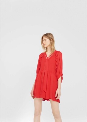 Mango Ruffle Flowy Red Dress | eBay