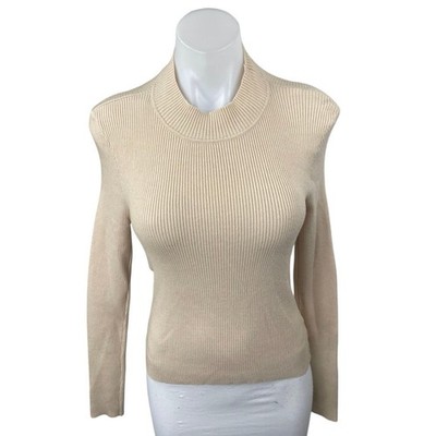Anna Rae Women's Beige Tan Ribbed Knit Mockneck Cutout Long Sleeve Sweater Top M