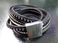 Fashion, Black Leather, Clear Rhinestones, Wrap Bracelet.