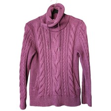 LL Bean Sweater Womens S Purple Cotton Double L Fisherman Cable Funnel Neck