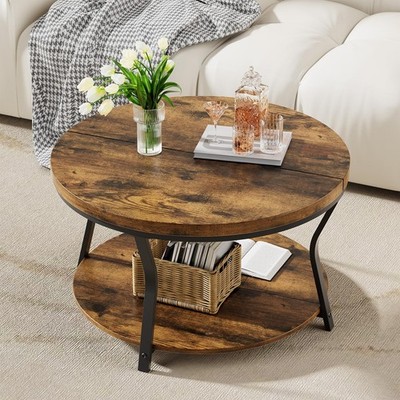 Round Coffee Tables for Living Room, Circle Wood Large, Rustic Brown
