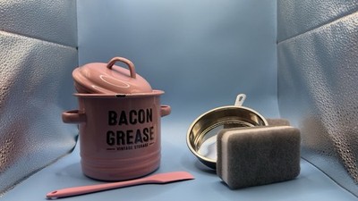 Bacon Grease Container with Strainer Silicon Scraper- NIB but CHIPPED