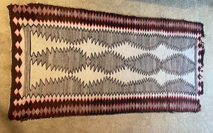 Antique Handwoven Wool Navajo Rug, 1930's. 31" x 66" grey, white, red, black