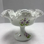 Fenton Silver Crest Violets in the Snow Milk Glass Pedestal Compote Tim Thomas