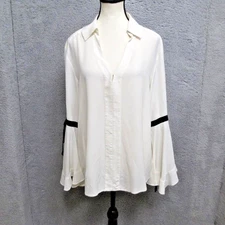 Nanette Lepore Shirt Womens Medium Ivory Silk Bell Sleeve Ruffle Bow Tie Blouse