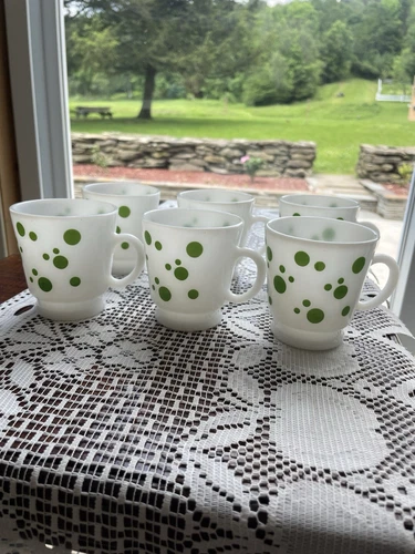 Vintage Hazel Atlas Green Polka Dot Mug Set – Set of 6 Mid-Century Barware