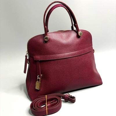 Furla Piper 2 Way Leather Handbag Shoulder Bag Bordeaux Gold Hardware Authentic