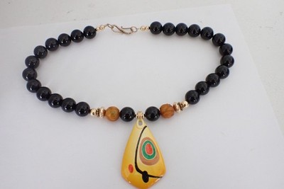 Eisenberg 70s Artist Series Enamel Pendant On Glass & Bakelite Beads Necklace