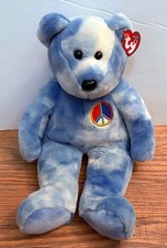 TY Beanie Buddy Peace Symbol Blue Bear Plush Doll Stuffed Animal Vintage NWT