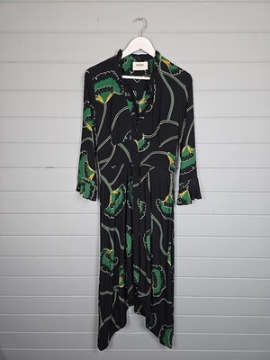 ba&sh Black Midi Dress Size 2 UK10-12 Lalie Asymmetric Floral Ruffled Crepe