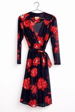Vintage 90s Navy Red Floral Wrap Dress Women’s Size 11 Sheer Sleeve Tie Waist