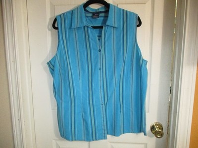 Basic Editions Womens Turquosie & Blue Stripe Cotton Blend Button Sleeveless -XL