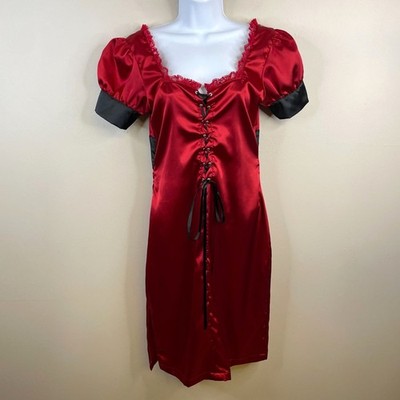 Indie Milkmaid Dress Medium Red Silky Satin Tie Front Gothic Vampire Baddie