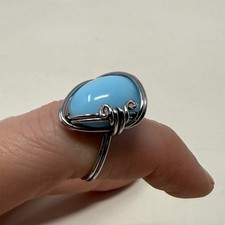 Handcrafted Wire Wrapped Blue Cabochon Statement Ring Silver Tone Size 5.5