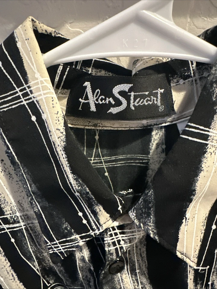 ALAN STUART Mens M Black/Sand Shirt Retro 4-Button Banded Hem Short Sleeve USA - Image 2 of 4