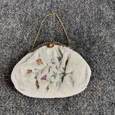 Vtg. 40s Glass Micro Beaded Handbag Floral Purse, Beaded Clasp French