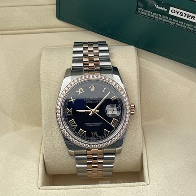 ROLEX DATEJUST 36mm BLACK ROMAN ROSE GOLD STEEL DIAMOND BEZEL ref