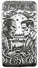 10 ozt 999 Fine Silver Art Bar - FRANKENSTEIN MEETS WOLFMAN - ADAMO TECHNE 81.61 per troy oz