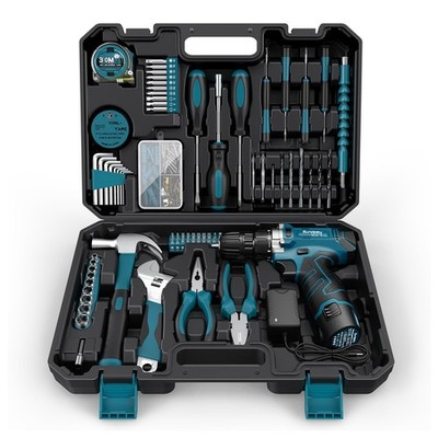 206PC Portable Tool Kit with 12V Cordless Drill, Wrench, Pliers, Hammer & Case -