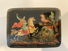 Scatola lacca firmata artista Palekh russo 1994 vintage Ruslan & Ludmila