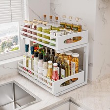 2 Tier Under Sink Organizer Adjustable Pull Out Cabinet Storage Rack White