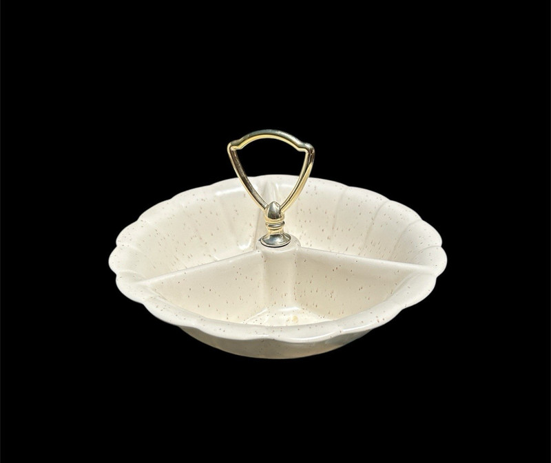 Vintage California Pottery MCM Made in USA Divided Dish R-35 Speckled Beige