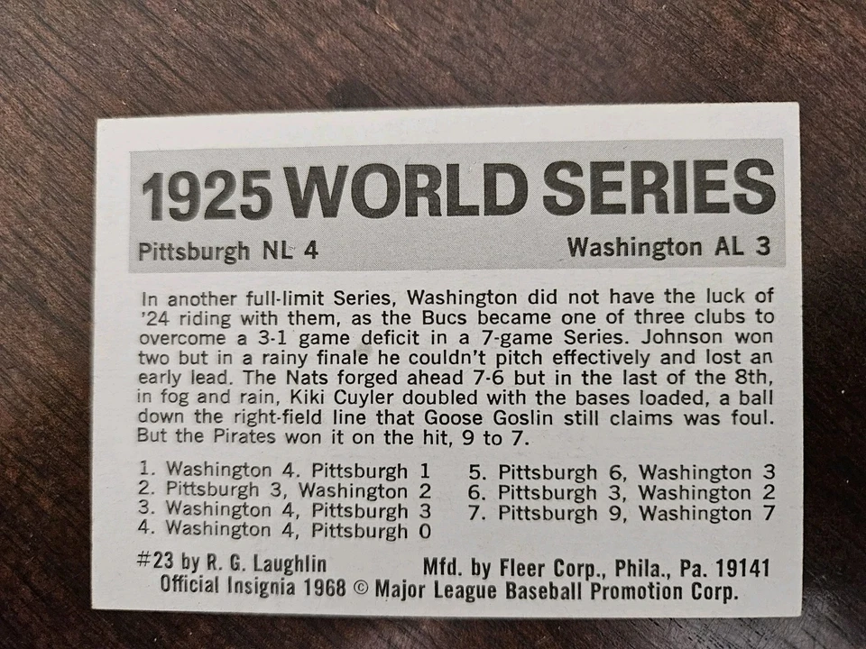 Fleer Baseball World Seriies # 23 - 1925 Series  Pirates vs Senators  -EX - Image 2 of 2