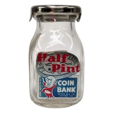 Vtg Half Pint Coin Bank Bower Manufacturing Co Goshen Glass Jar with Metal Lid
