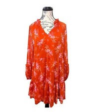 Vince Camuto Floral Print Dress Ruffle Neck Long Sleeve Tiered Mini S