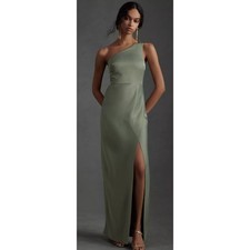 BHLDN 4 Dylan One-Shoulder Satin Side-Slit Maxi Dress in moss green
