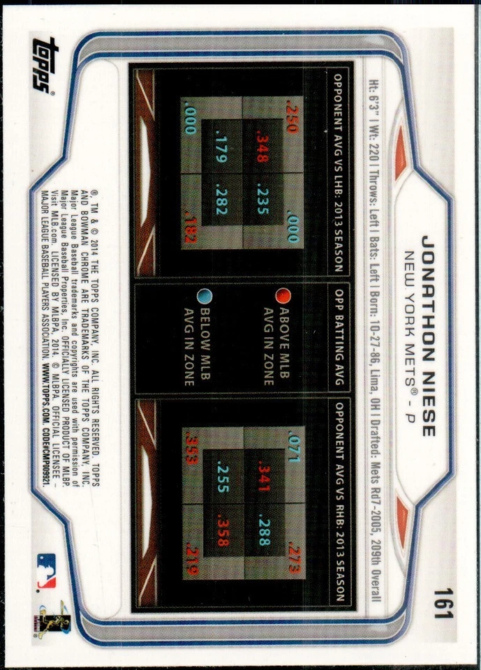 Bowman Chrome Baseball #161 2014 Jonathon Niese New York Mets Foto 2 de 2