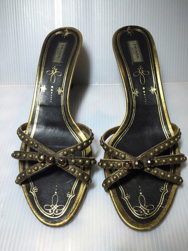 Authentic Prada Bronze Metallic Black Slip-on Mule Shoes Size 38-ITALY