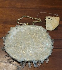 Vtg Made In Hong Kong Beaded Coin Purse Ivory White Beads Satin Lining