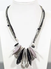 Beachy Coastal Black Gray Stacked Charm beaded Statement Necklace 20 in