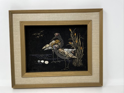 Vintage Picture Asian Handmade Velvet  Birds Beaded 13 X 16” Gold - Picture 3 of 10