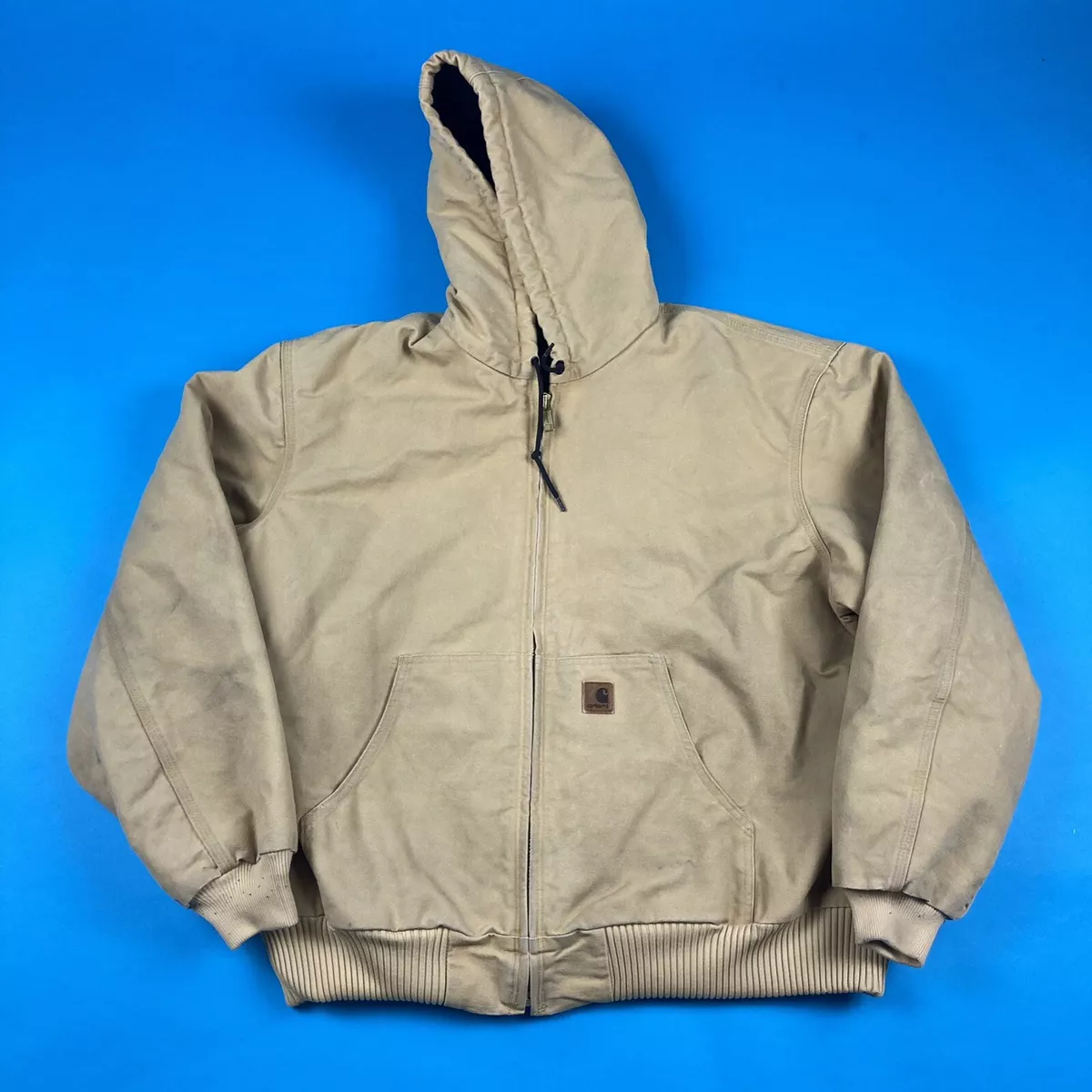 Carhartt Tan Canvas Zip Up Work Jacket Hoodie Size 2XL Quilt Lined RN# 14806