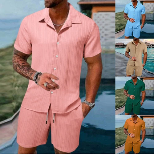 Conjunto de 2 trajes informales de manga corta y pantalones cortos de verano para hombre❤ - Imagen 3 de 23