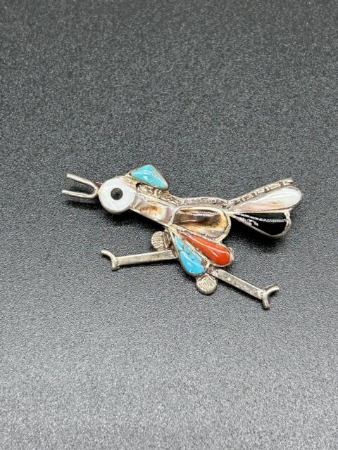 Vintage 1 1/2” Sterling Silver Native American Zuni Roadrunner Inlay Pin Brooch Vintage 1 1/2” Sterling Silver Native American Zuni Roadrunner Inlay Pin Brooch