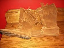 Minnetonka 1422 Leather Moccasins Tall Fringe Suede Front Lace Up Boots Sz.8 EUC