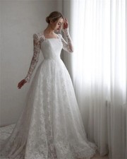Modest Long Sleeves Full Lace Wedding Dress Square Neck Sweep Train Bridal Gowns