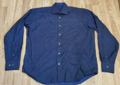 Bugatchi Uomo Men s Dress Shirt L Blue Black Solid Long Sleeve Button Up