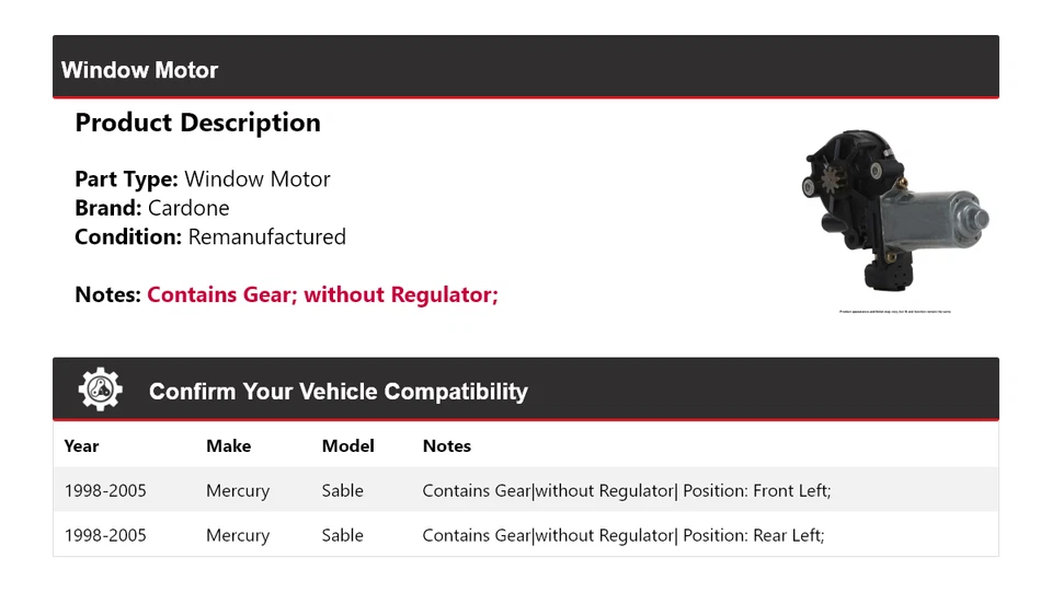 Motor de ventana Mercury Sable 1998-2005 Cardone 1999 2000 2001 2002 2003 2004 Foto 2 de 4