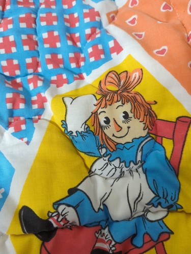 Vintage Raggedly Ann Andy patchwork baby crib blanket quilt red orange blue FLAW - Picture 6 of 13