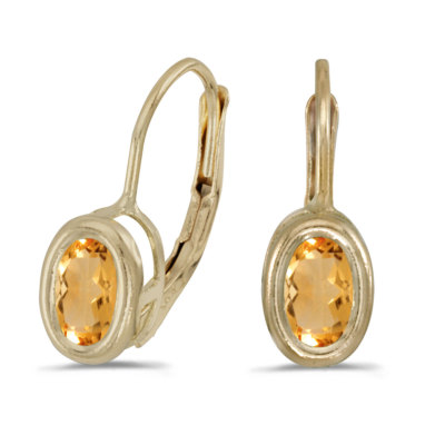 14k Yellow Gold Oval Citrine Bezel Lever-back Earrings