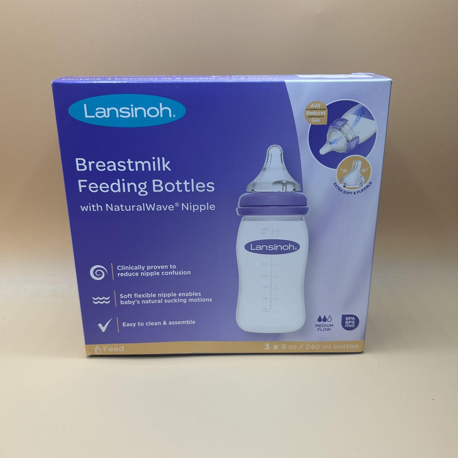 Lansinoh Breastmilk Medium Flow Feeding Bottles w Naturalwave Nipple Set of 3
