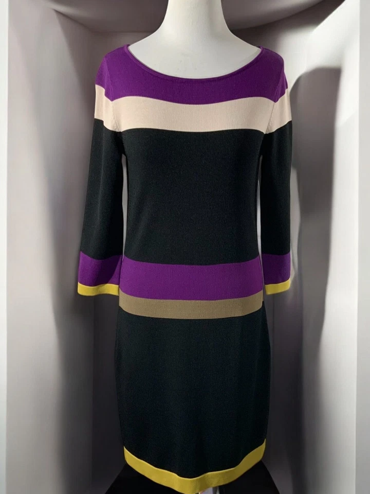 Vestido Midi Nine West Pequeño Negro Multicolor Bloque de Color Manga Cuarta Cambio Foto 3 de 4