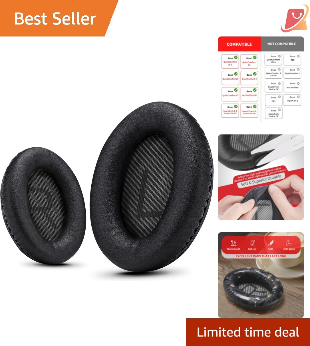 Durable Black Earpads for Bose Headphones – Compatible with QC35, Ae2 & More-image