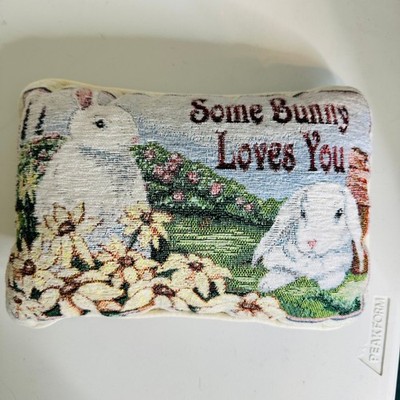 Vintage Some Bunny Loves You Woven Tapestry Accent Pillow Rabbit Easter Decor