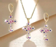 Cross necklace earrings SET rhinestone fashion jewelry NEW Free Ship