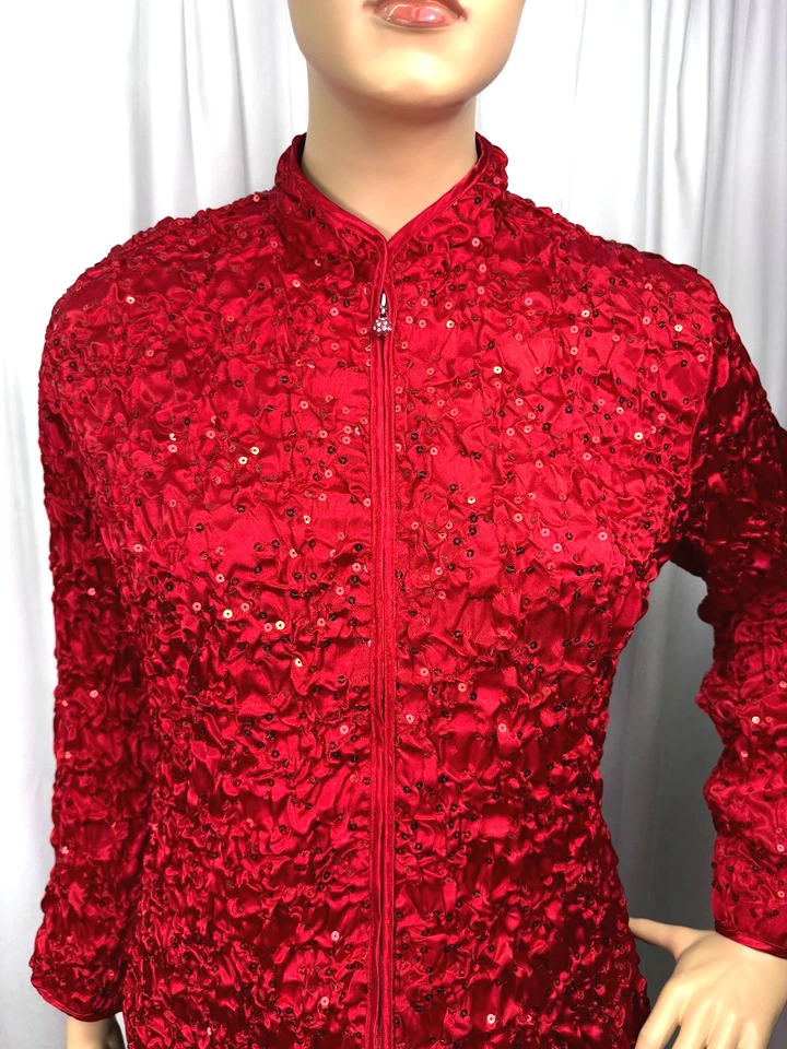 A Dressing Woman Red Sequin Evening Jacket 2X Textured Zip Front Party Top - Image 4 of 4